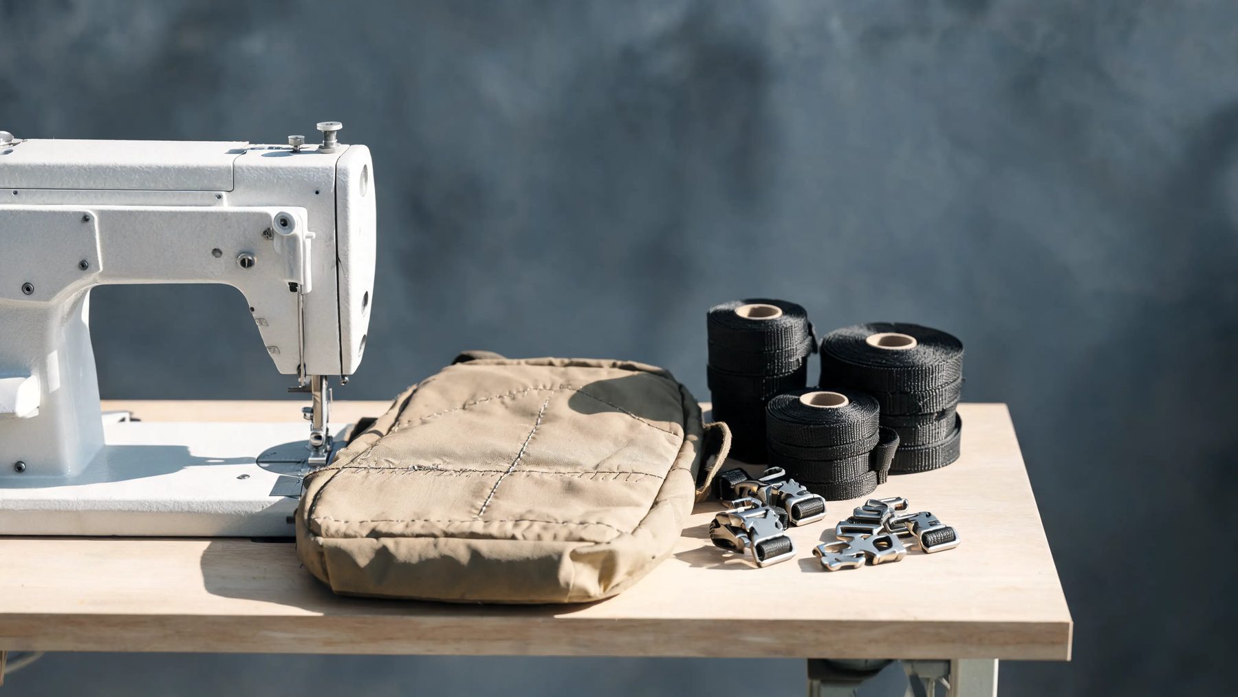 Workshop table with a half-stitched pack panel, webbing spools and buckles